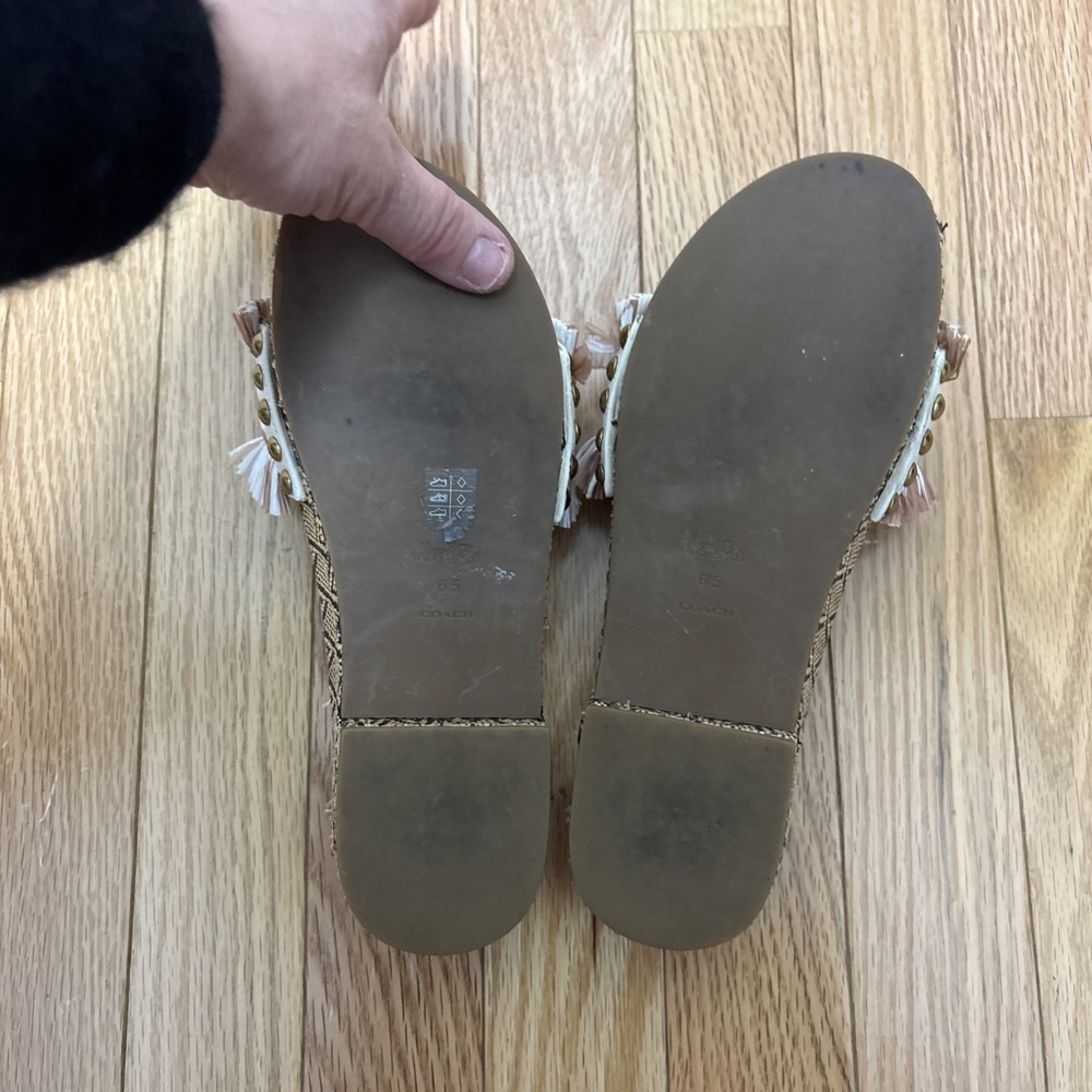Coach Brayden Raffia Sandals Brown White Fringed Raffia Band & Cork Footbed 6.5 - Picture 3 of 6